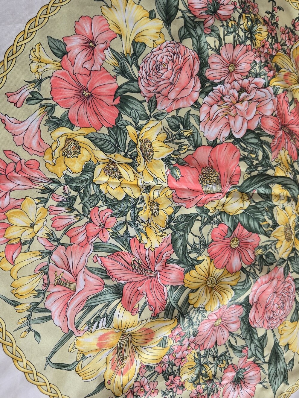 Vintage Jane Shilton, English Designer Floral Silk Large Square Pink Tan Border
